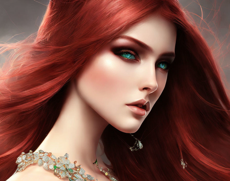 Digital portrait: Woman with flowing red hair, green eyes, elegant jewelry