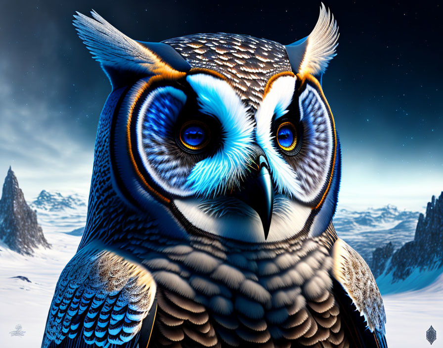 Detailed Owl Illustration with Blue Eyes in Snowy Mountain Landscape