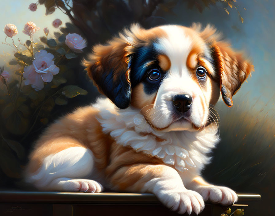 Realistic Bernese Mountain Puppy Painting with Glossy Eyes and Flower Backdrop