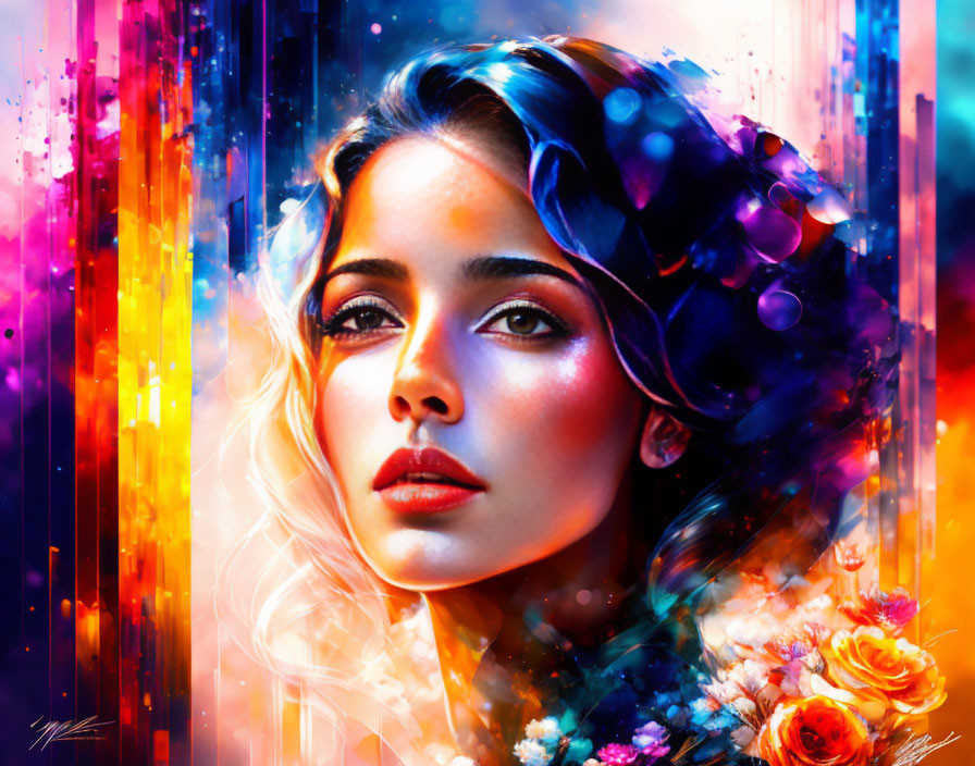 Colorful digital artwork: Woman with expressive eyes, abstract elements, and cascading flowers.