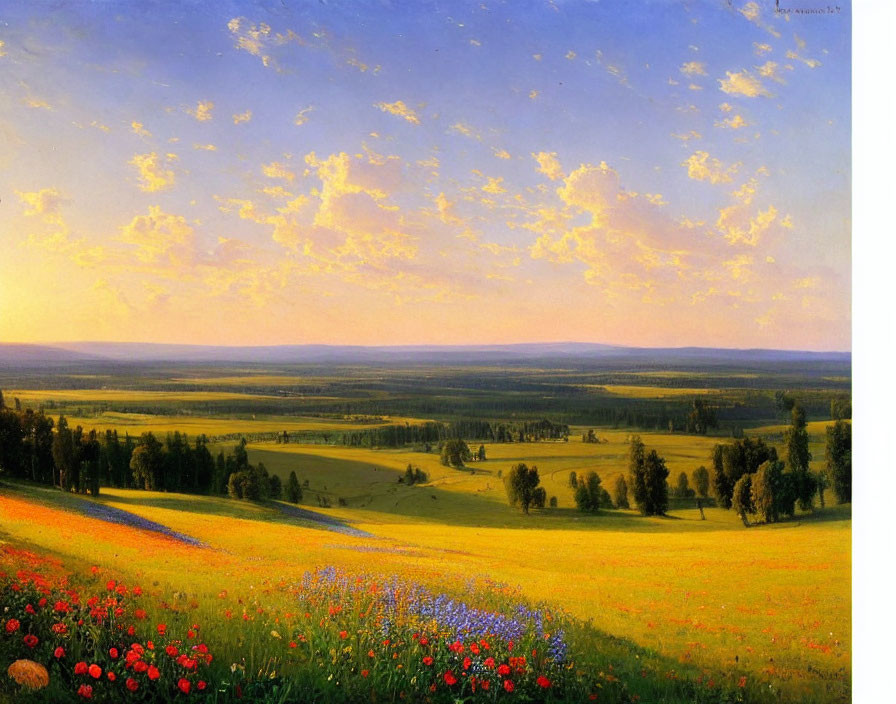 Colorful wildflowers, green fields, and distant tree line under blue sky