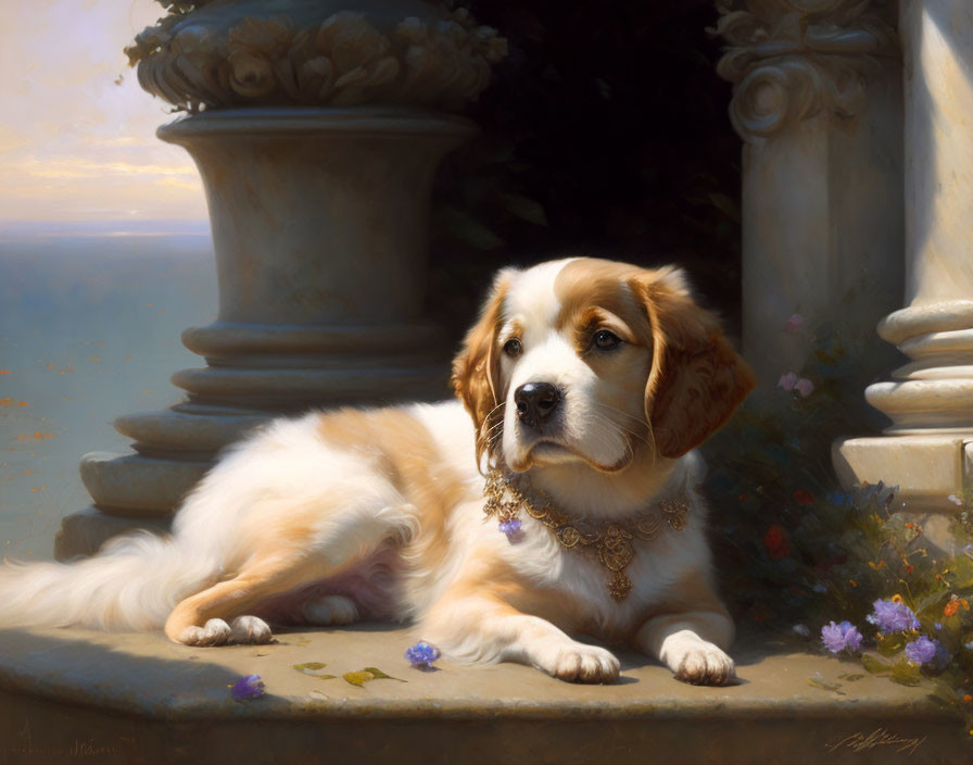 Golden and white dog with regal collar by classical column in serene painting