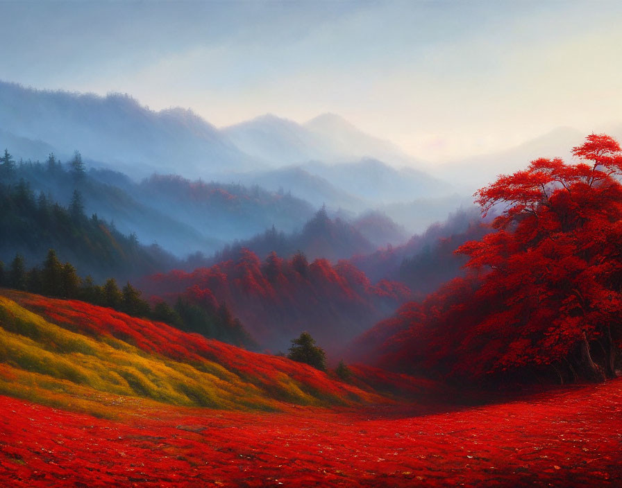 Scenic landscape: Red foliage, misty mountains at dawn/dusk