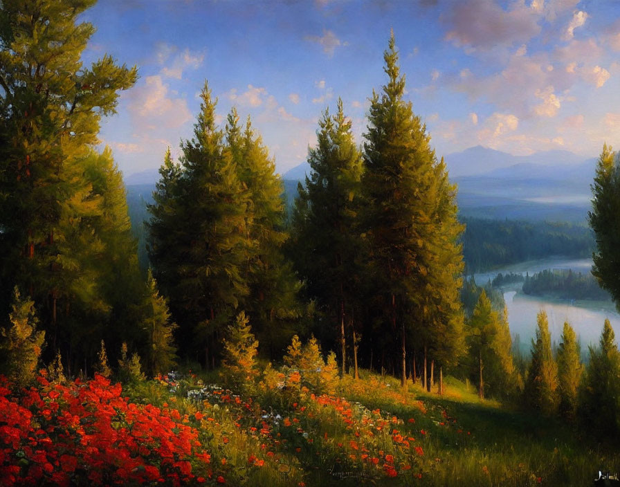 Tranquil landscape painting: lush forest, pine trees, wildflowers, serene lake, mountain sunset