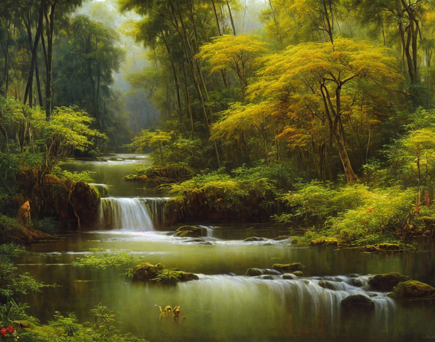 Tranquil forest scene with waterfall, lush greenery, yellow trees