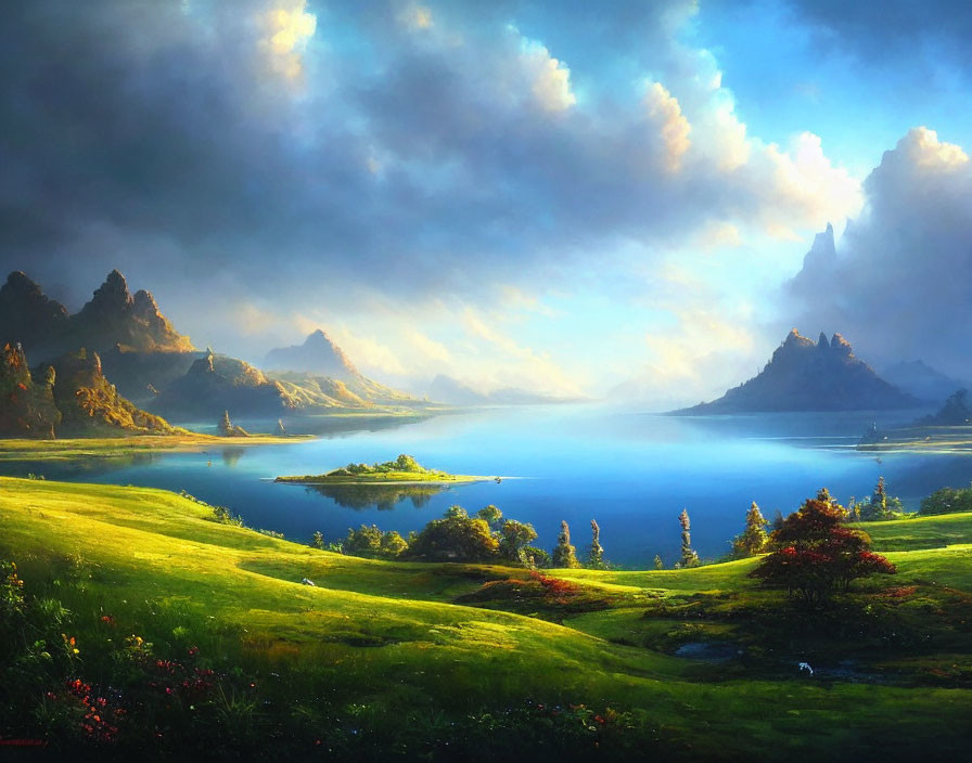 Tranquil landscape with green meadows, calm lake, rolling hills, and sunny sky