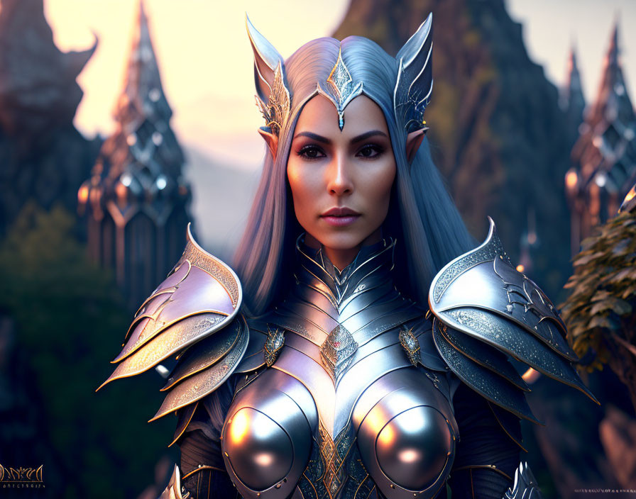 Elf female in silver armor and tiara, mystical twilight landscape