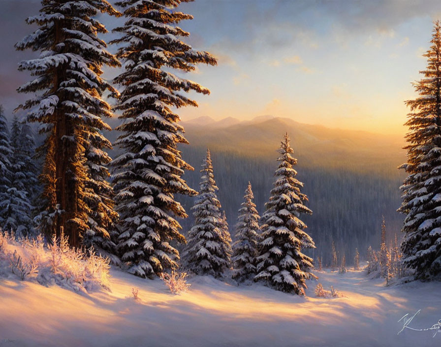 Serene winter landscape with snow-covered pines