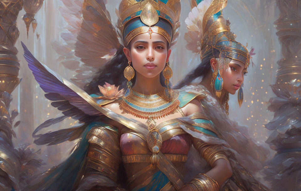 Golden headpieces and feathered wings on two women in a regal fantasy setting.