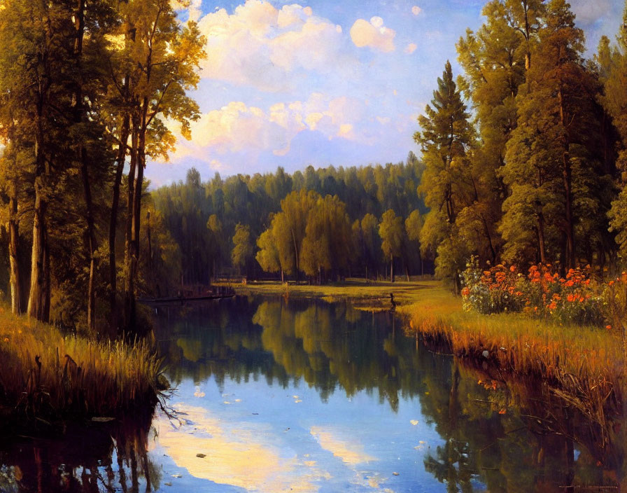 Scenic lake with blue skies, greenery, orange flowers, and tree shadows