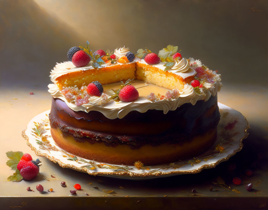 Layered cake with glossy chocolate icing and berries on ornate plate