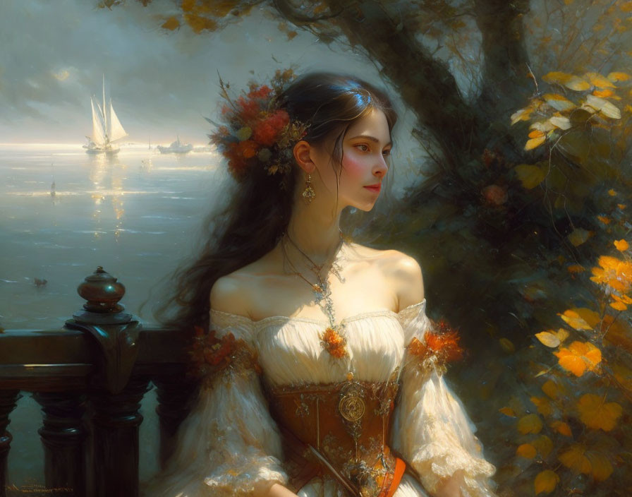 Vintage-dressed woman with autumn leaves in hair gazes at sailboats by the sea