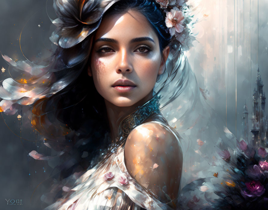 Dark-haired woman portrait with flowers, ethereal glow, and fantasy elements