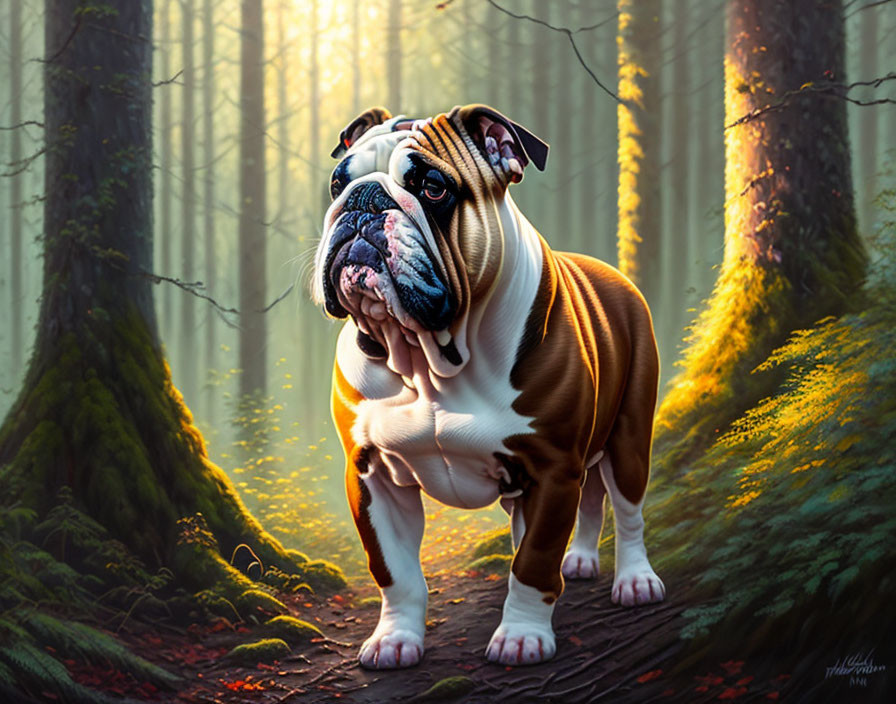 Muscular bulldog in sunlit forest with magical atmosphere