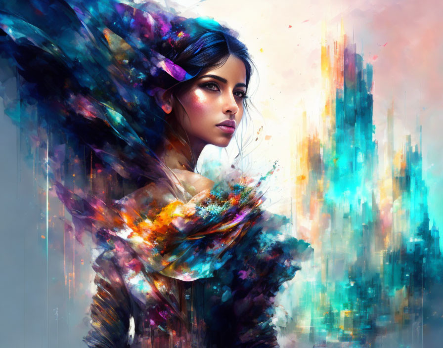 Colorful digital artwork: Woman with vibrant, multicolored hair in abstract fusion.