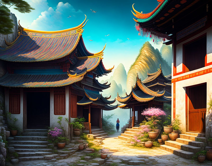 Curved rooftop Chinese buildings in mountain landscape with figure walking.