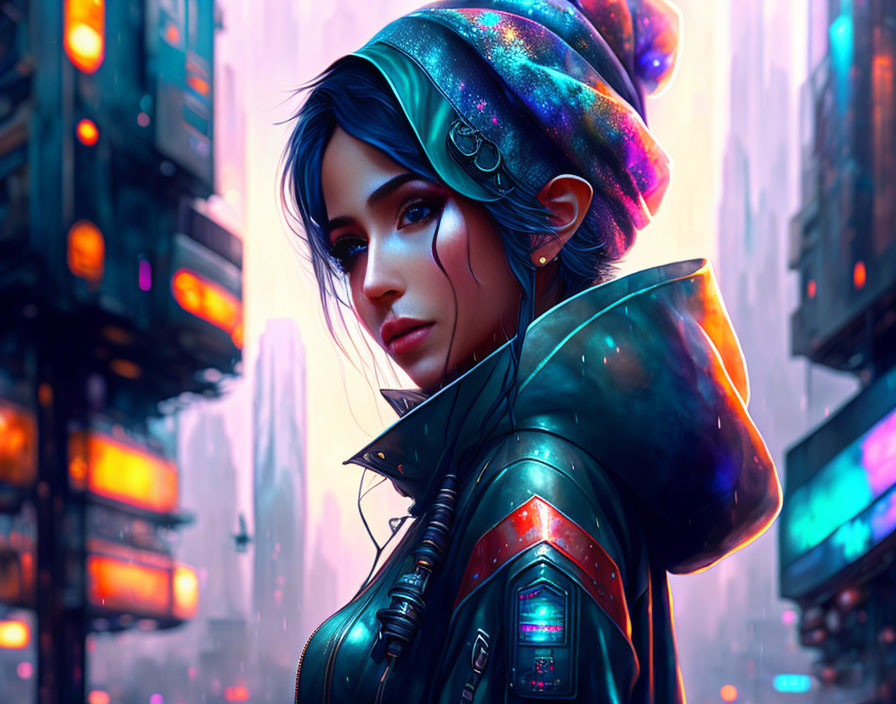 Futuristic digital artwork of a woman in cyberpunk cityscape