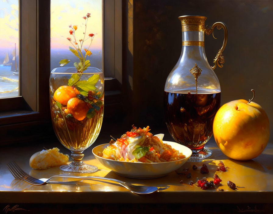 Still life painting: Glass of fruit, decanter, salad bowl, cheese, berries on table by