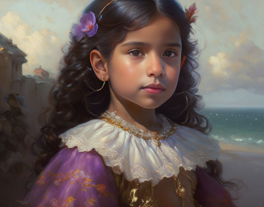 Young girl portrait with curly hair, purple flowers, historic dress, gold necklace by the sea.