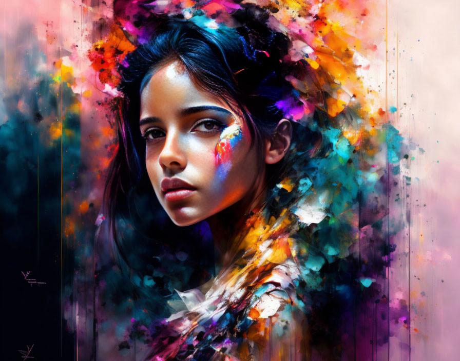 Colorful Abstract Paint Splashes Surrounding Woman Portrait