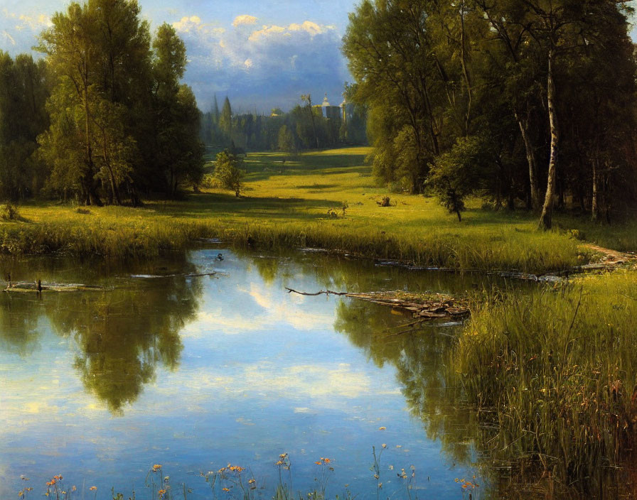 Serene landscape painting of a pond with lush trees and hazy sky