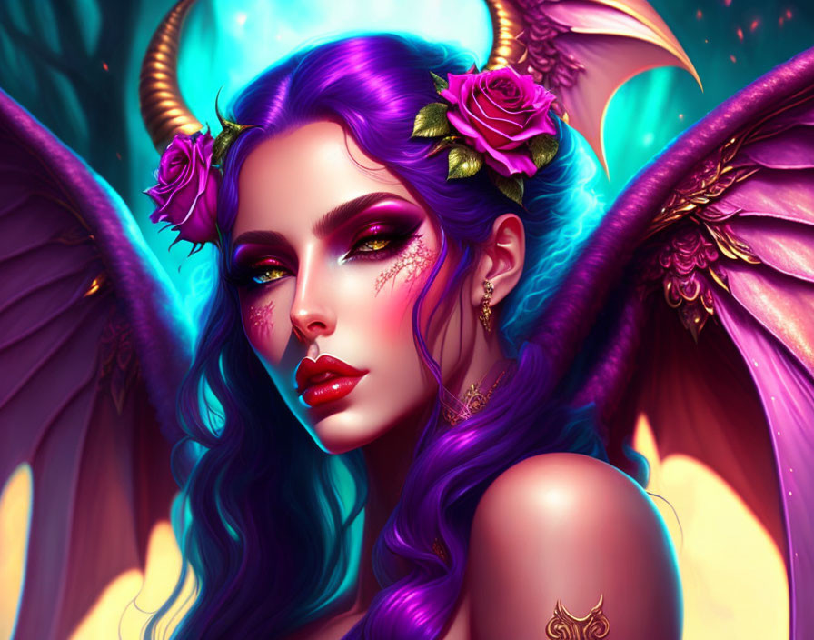 Colorful illustration of a woman with purple hair, wings, roses, and intricate makeup