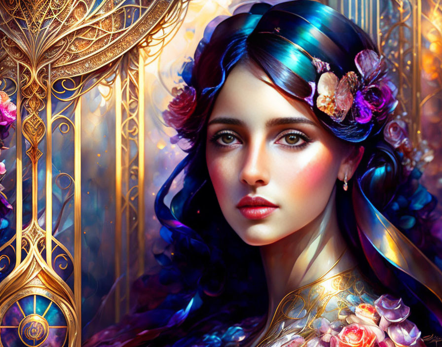 Vibrant Blue-Haired Woman with Roses on Golden Floral Background