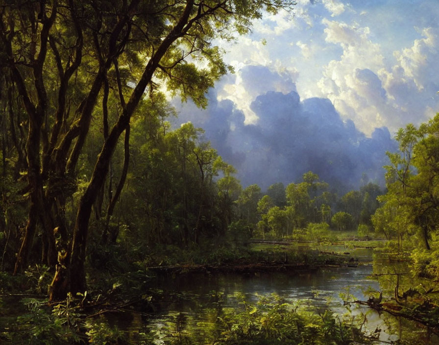 Tranquil river and lush forest under billowy sky