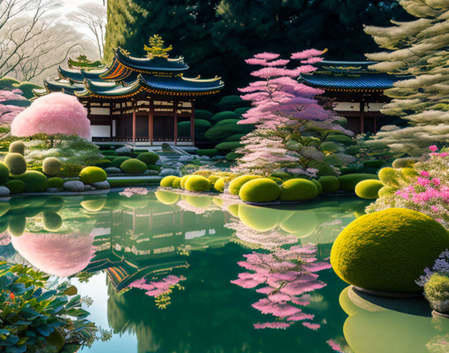 Tranquil Japanese garden with cherry trees and traditional pavilion