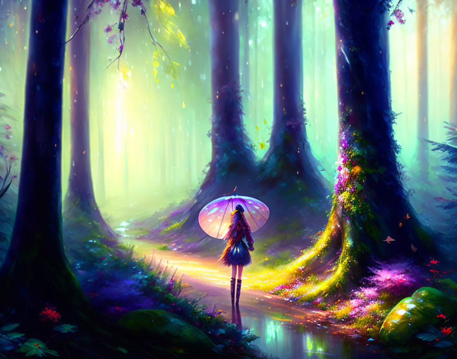 Person in Enchanted Forest with Sunlight and Umbrella