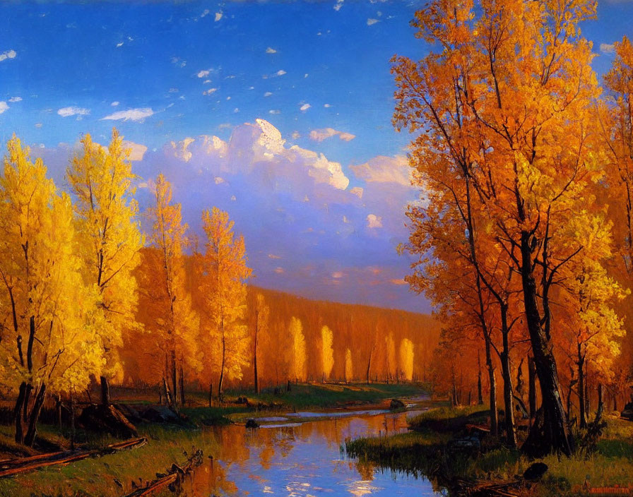 Tranquil autumn landscape with golden trees by a river