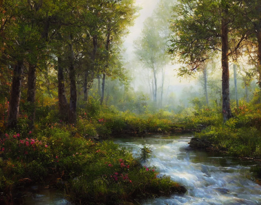 Tranquil forest landscape with babbling brook and lush greenery