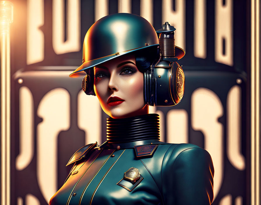 Futuristic female soldier in sleek helmet and tech, stylized military uniform, industrial backdrop