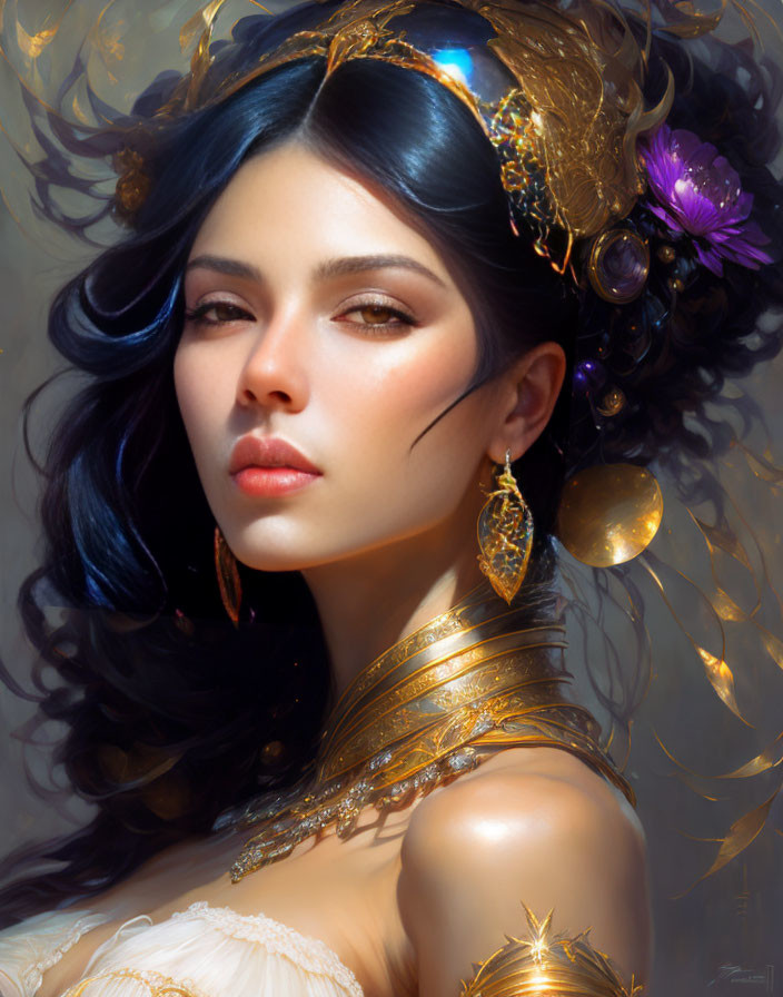 Digital Art: Elegant Woman with Dark Hair and Gold Accessories