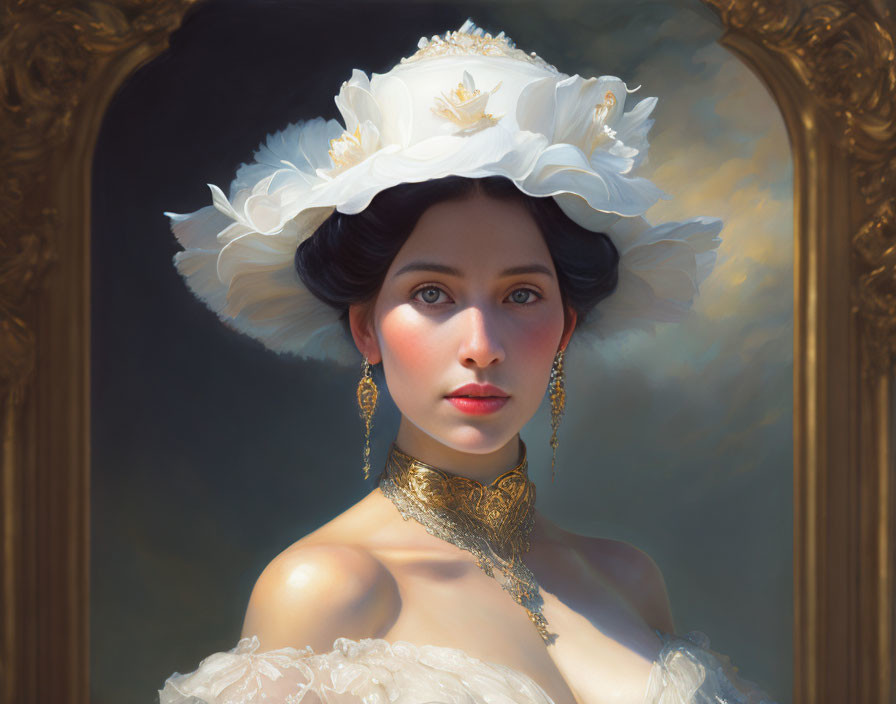 Portrait of woman with dark hair in white hat with flowers, gold earrings, choker.