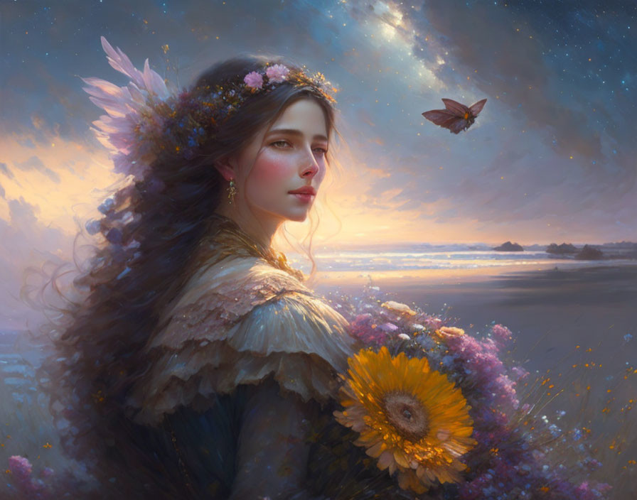 Woman with flowers in hair in twilight landscape with butterfly - ethereal scene