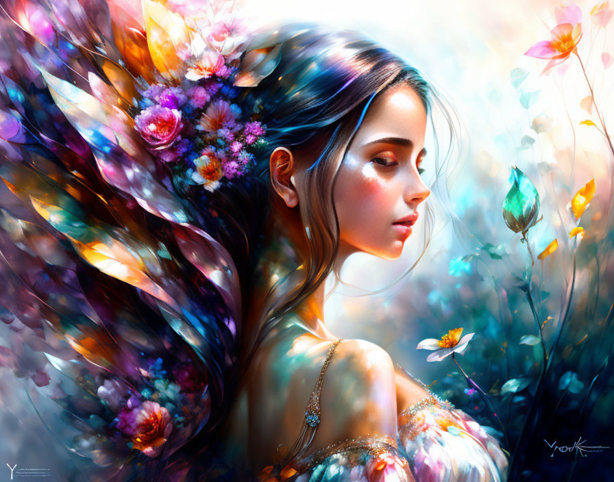 Digital painting: Young woman with flowers and butterflies in flowing hair