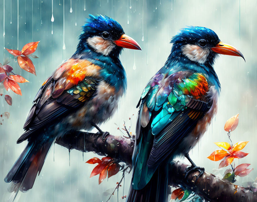 Colorful Birds Perched on Branch with Raindrops and Autumn Leaves