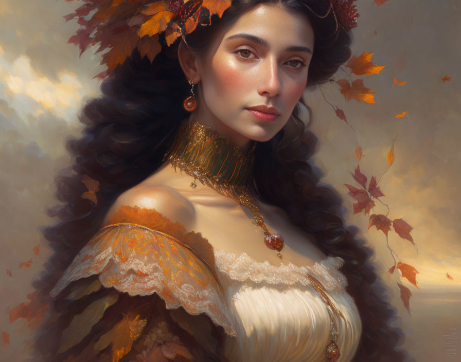 Woman wearing autumn leaf crown and white lace dress among floating leaves