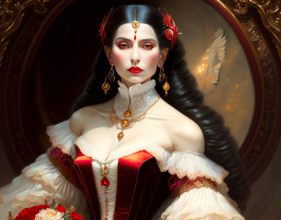 Regal woman in red and white period attire with golden jewelry