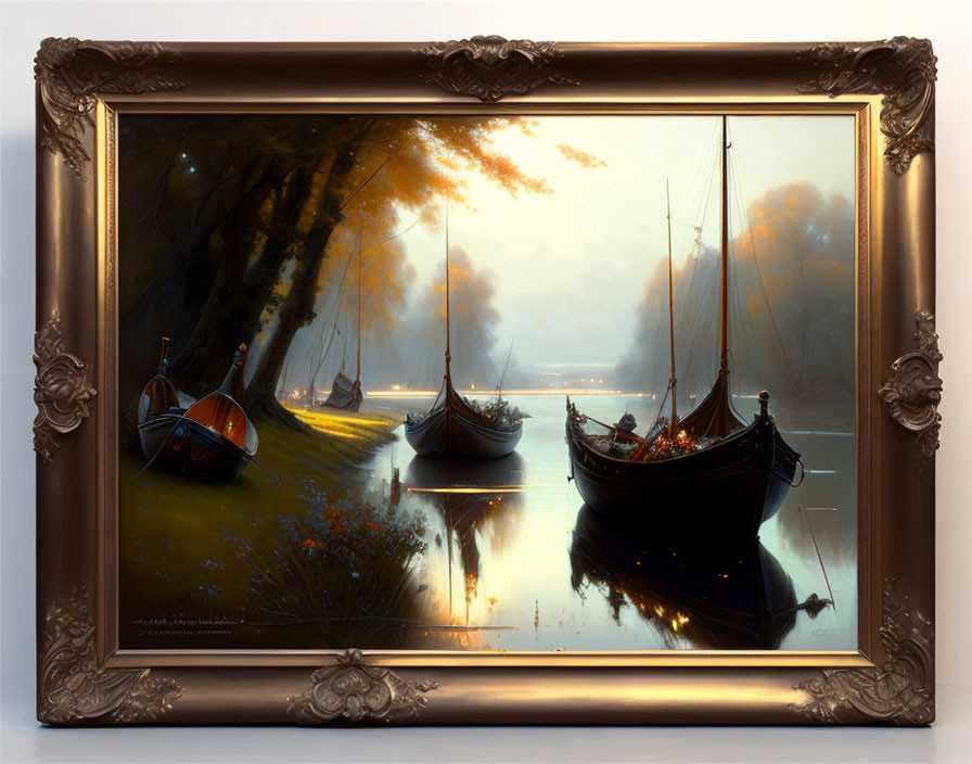 Ornate framed painting of boats on reflective water with golden-lit trees