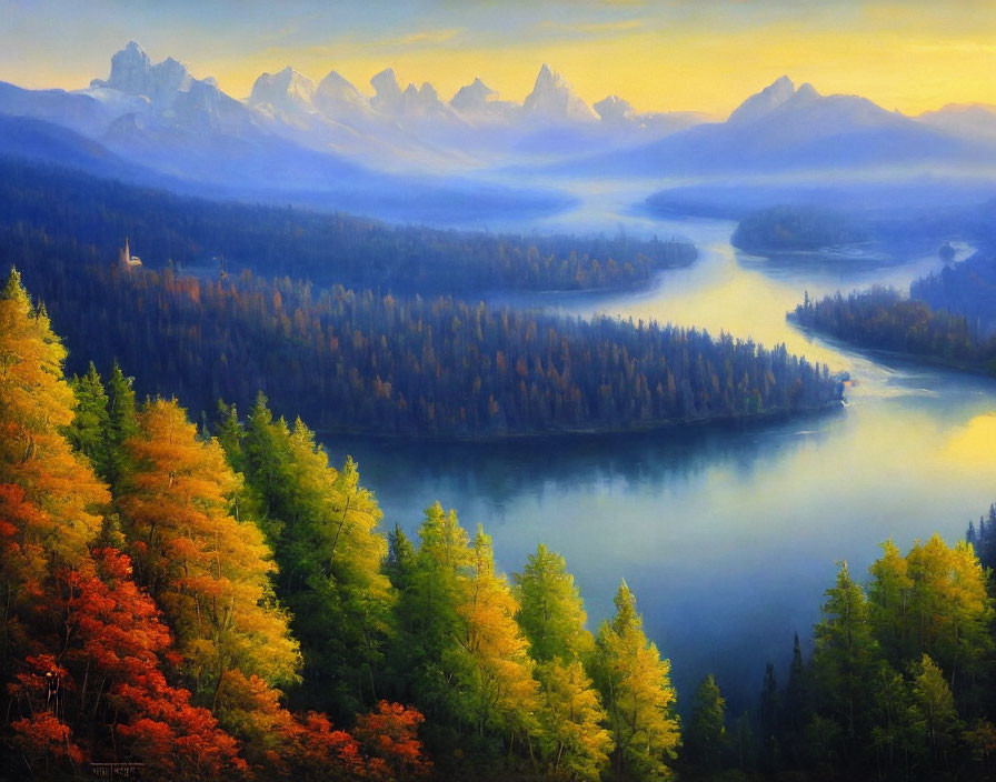 Autumn landscape painting with winding river and misty mountains