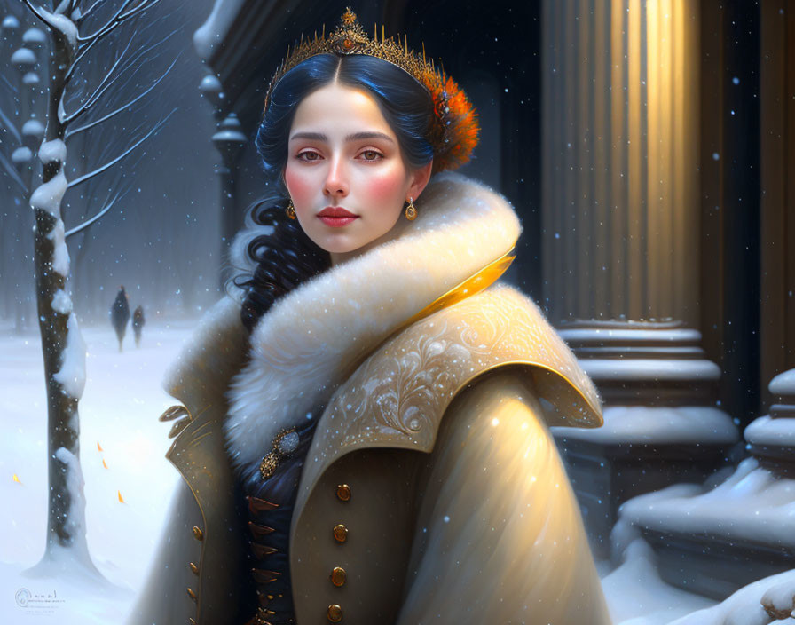 Regal woman in fur-collared cloak and ornate attire in snow-covered backdrop