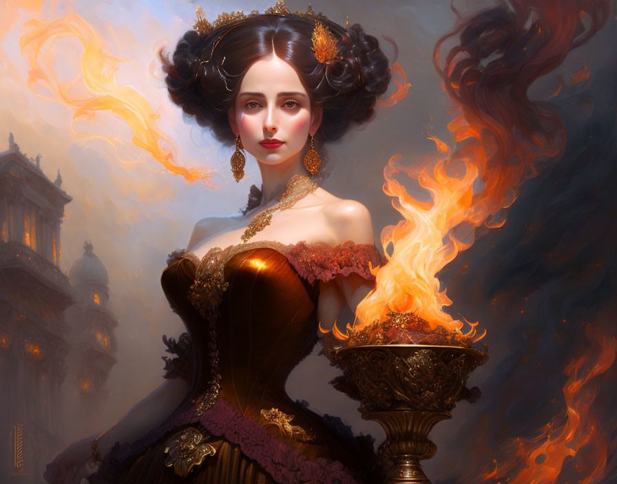 Victorian woman in ethereal flames with classical building - Digital painting