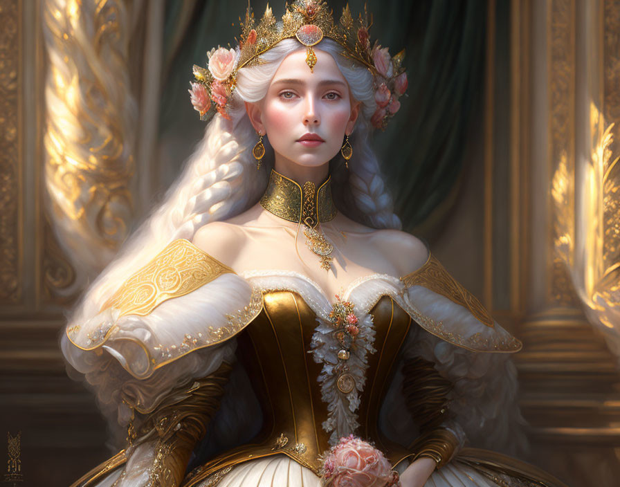 Regal woman with white hair in golden gown and jewels