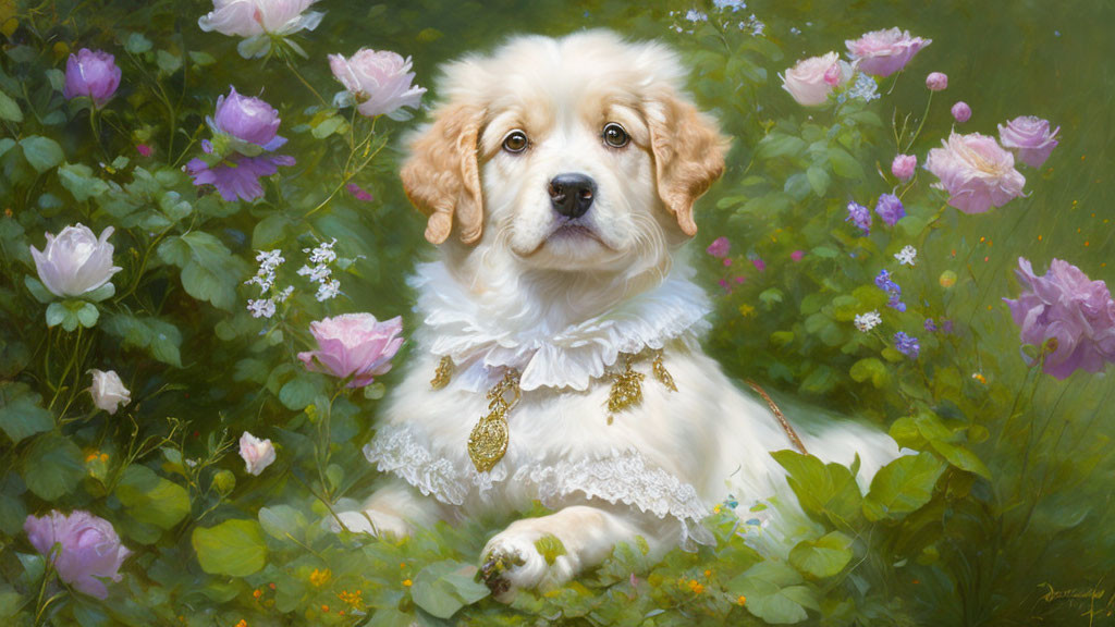 Regal Dog with Ruffled Collar and Gold Medallion in Floral Setting