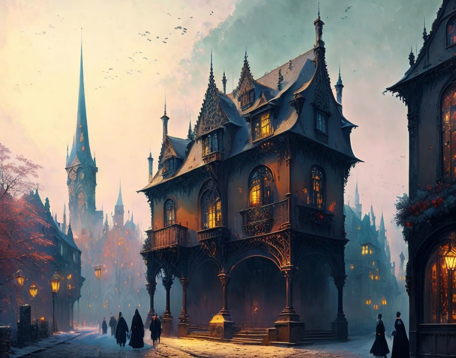Gothic town painting at dusk with ornate buildings and pedestrians