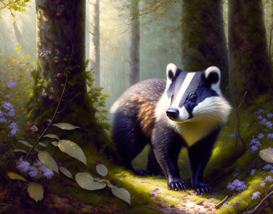 Realistic painting: Badger in sunlit forest with detailed fur, lush greenery, purple wild