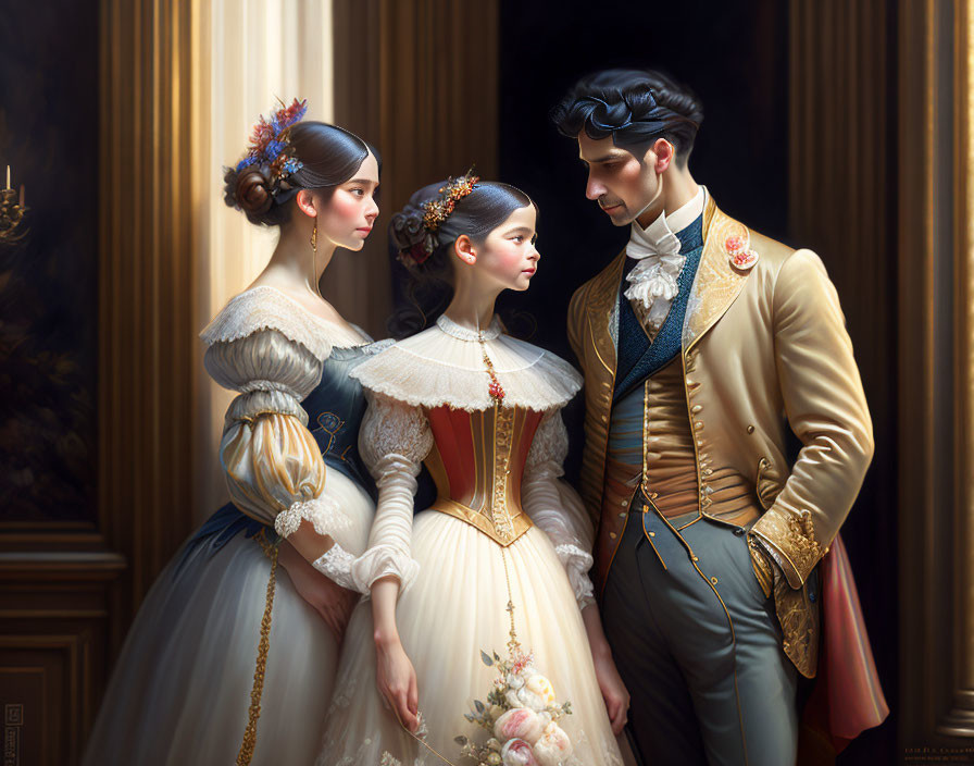 Elegant 19th-Century Attire: Military Uniform Courting Two Women
