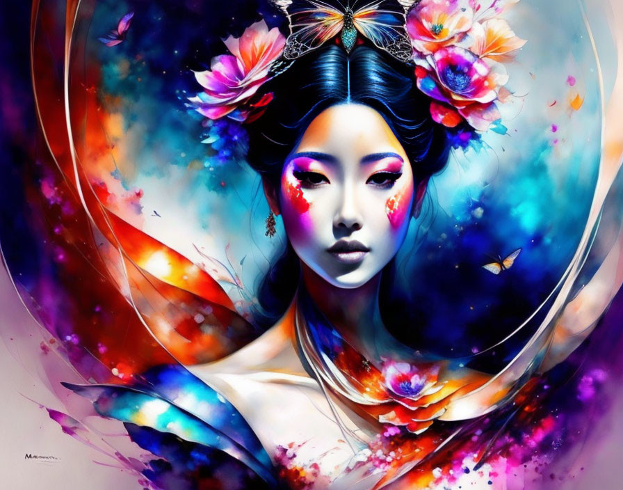 Colorful digital art portrait of a woman with elaborate makeup and floral patterns